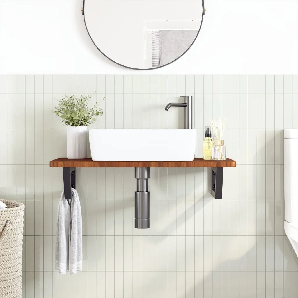 Ripiano a Parete per Lavabo in Acciaio e Massello di Rovere 3302347