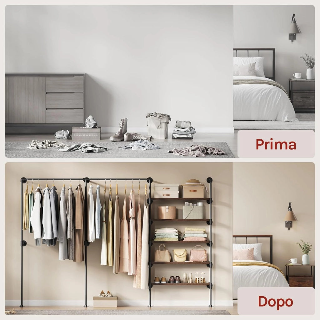 Appendiabiti da Parete, Attaccapanni da Muro Metallico con Design Aperto, Appendiabiti con 5 Ripiani in Legno, 2 Aste, Stile Vintage, Nero + Marrone Rustico