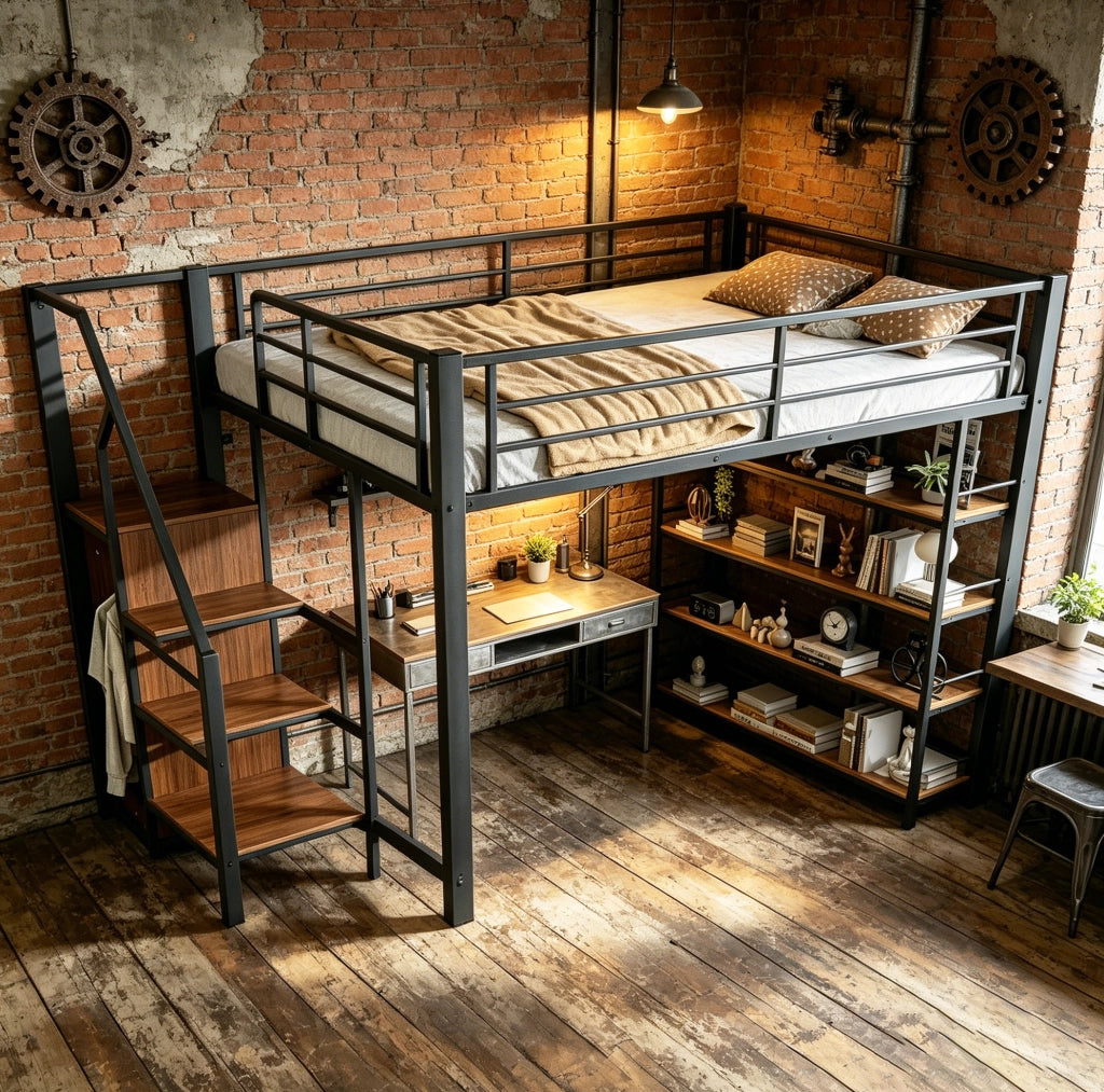 Letto a soppalco 140x200 cm con scala contenitore, nero