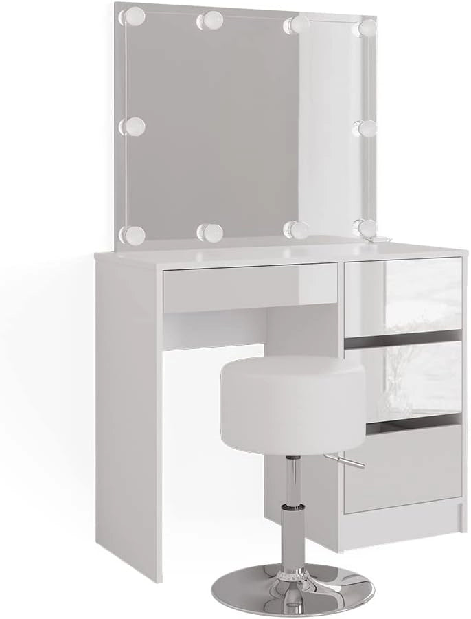 Vicco Tavolo da toeletta Sherry, Bianco, 90 cm con illuminazione a LED e sgabello, con illuminazione a LED e panca imbottita