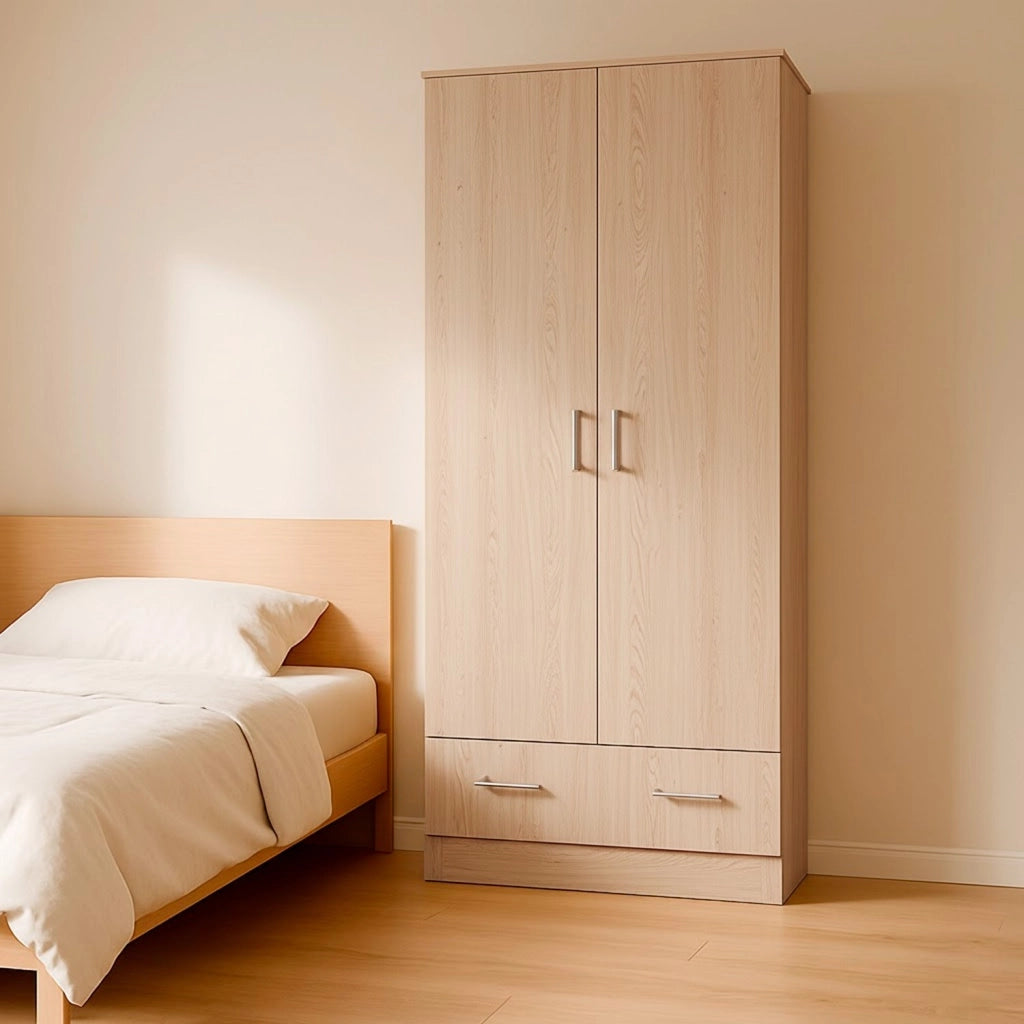 Armadio Design Moderno Con 2 Ante E 1 Cassetto Multiuso Salvaspazio Con Ripiani Interni E Vano Contenitore Per Camera Da Letto O Ingresso Rovere