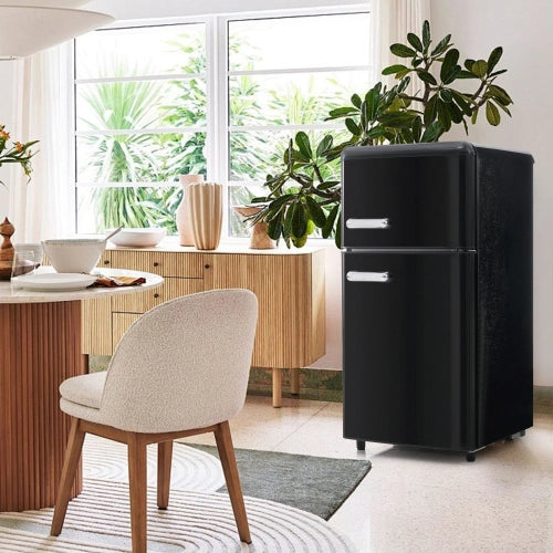 Frigorifero retrò; frigorifero a doppia porte; volume totale 72L; compartimento congelatore 21L; luce LED; efficiente energetico; nero