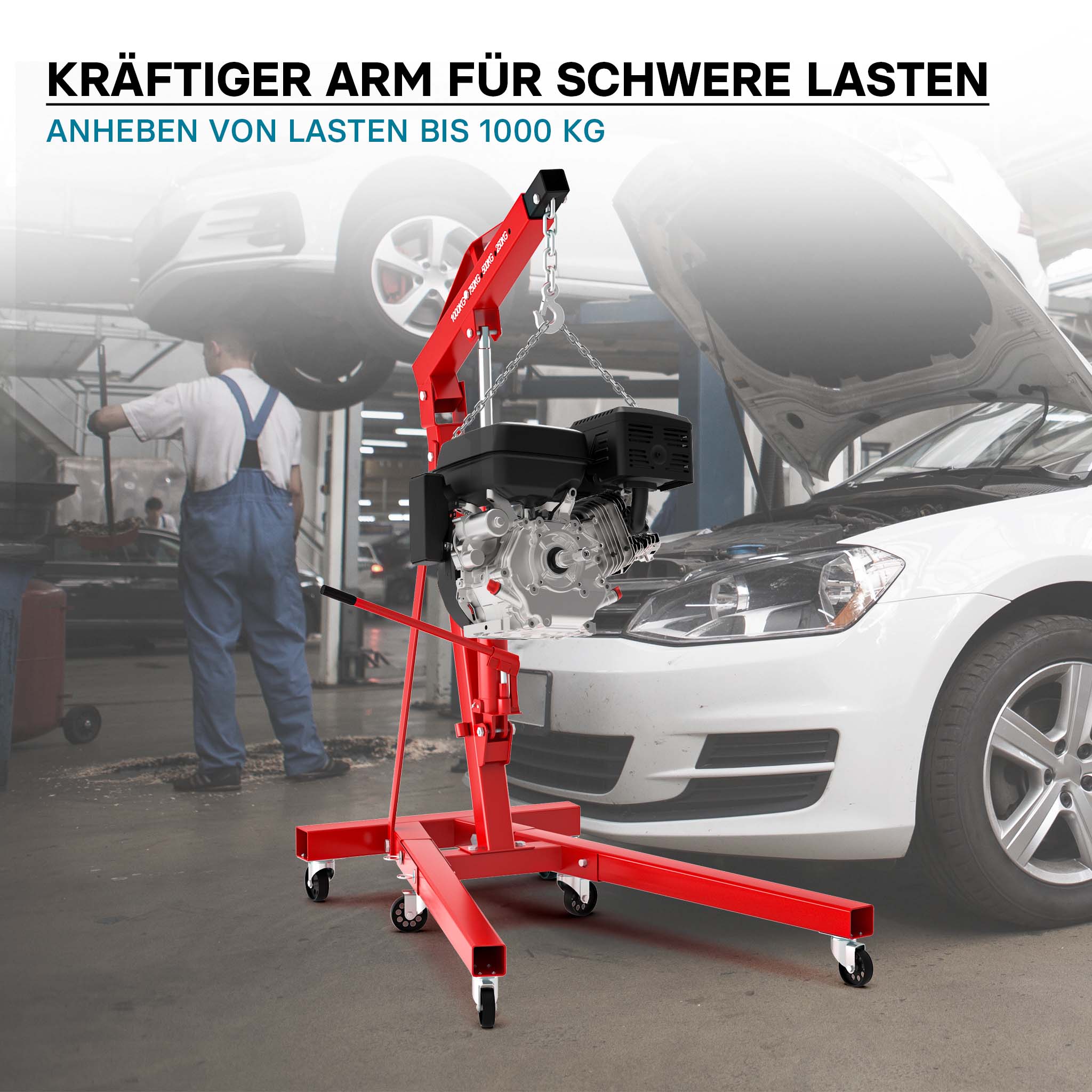 gruetta idraulica da officina per sollevamento motori, gru manuale pieghevole con braccio regolabile, carico max 1000kg