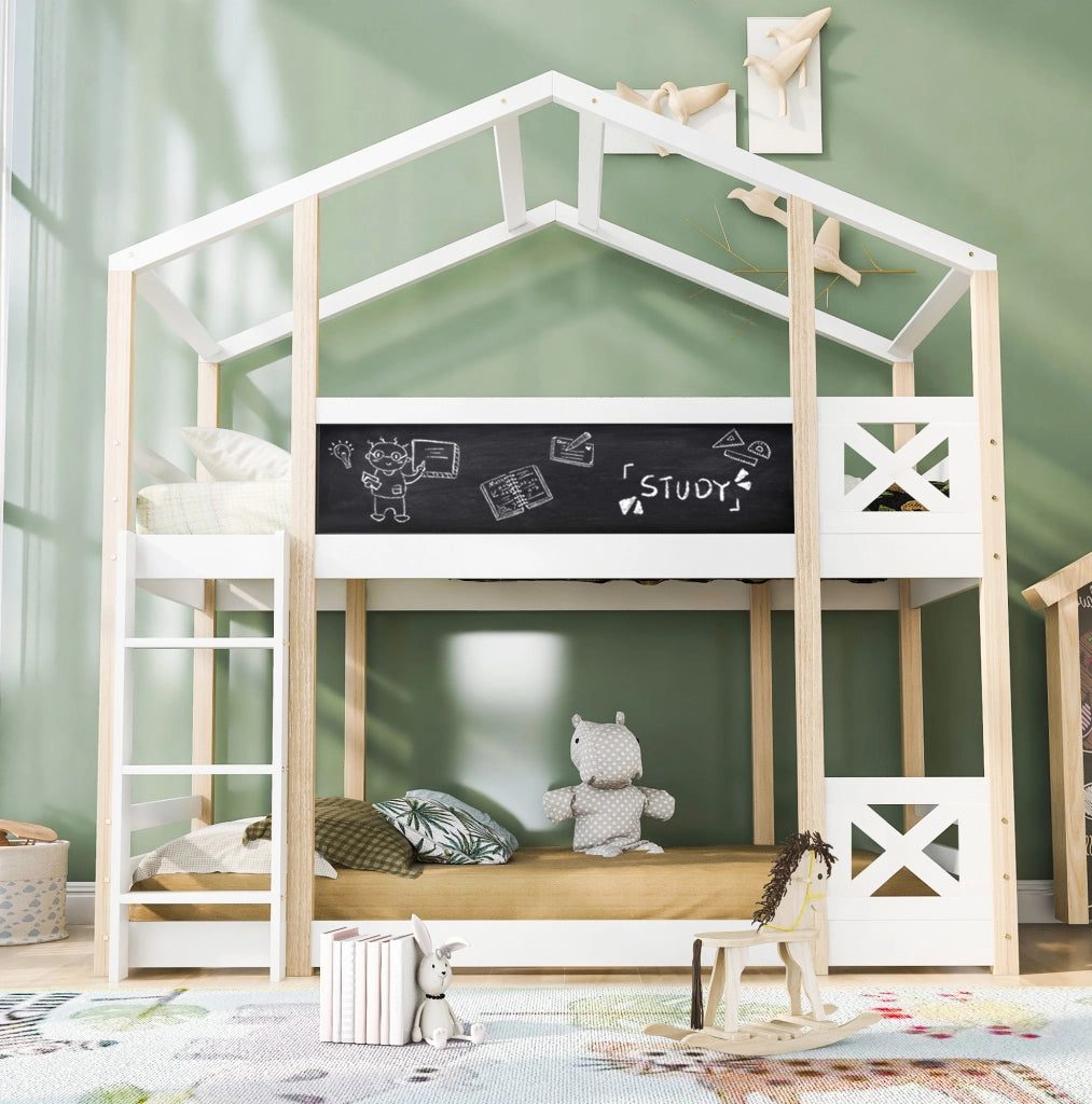 Letto a soppalco 90x200 cm con scala e tavola in legno bianco