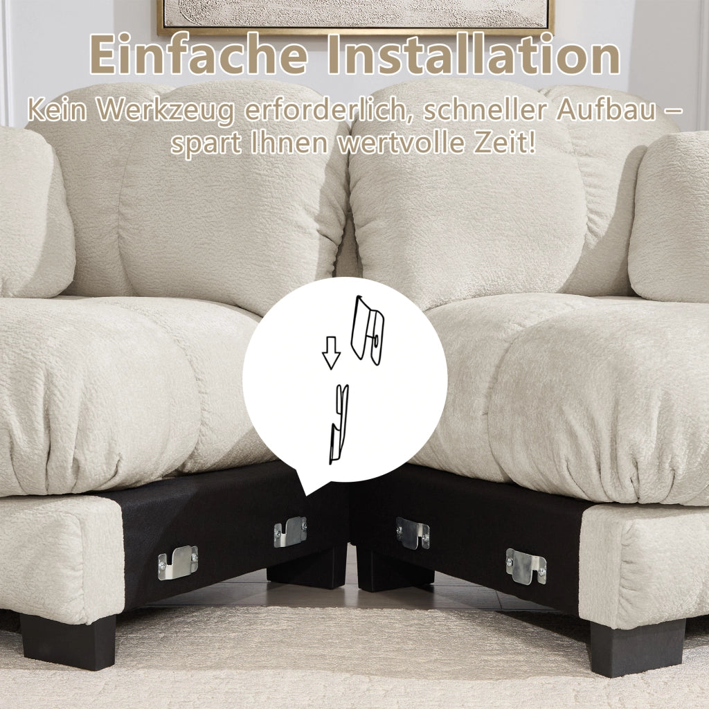Divano angolare componibile a U a 4 posti in chenille con pouf mobili e cuciture trapuntate beige chiaro