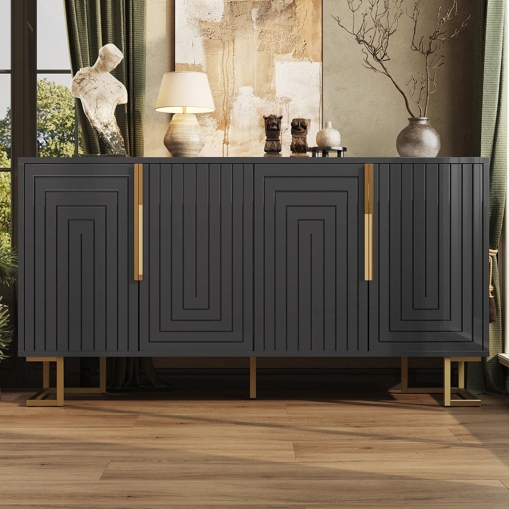 Credenza con 2 ante e 4 ripiani in MDF con piedi in metallo e sistema antiribaltamento nera 152 × 40 × 75 cm