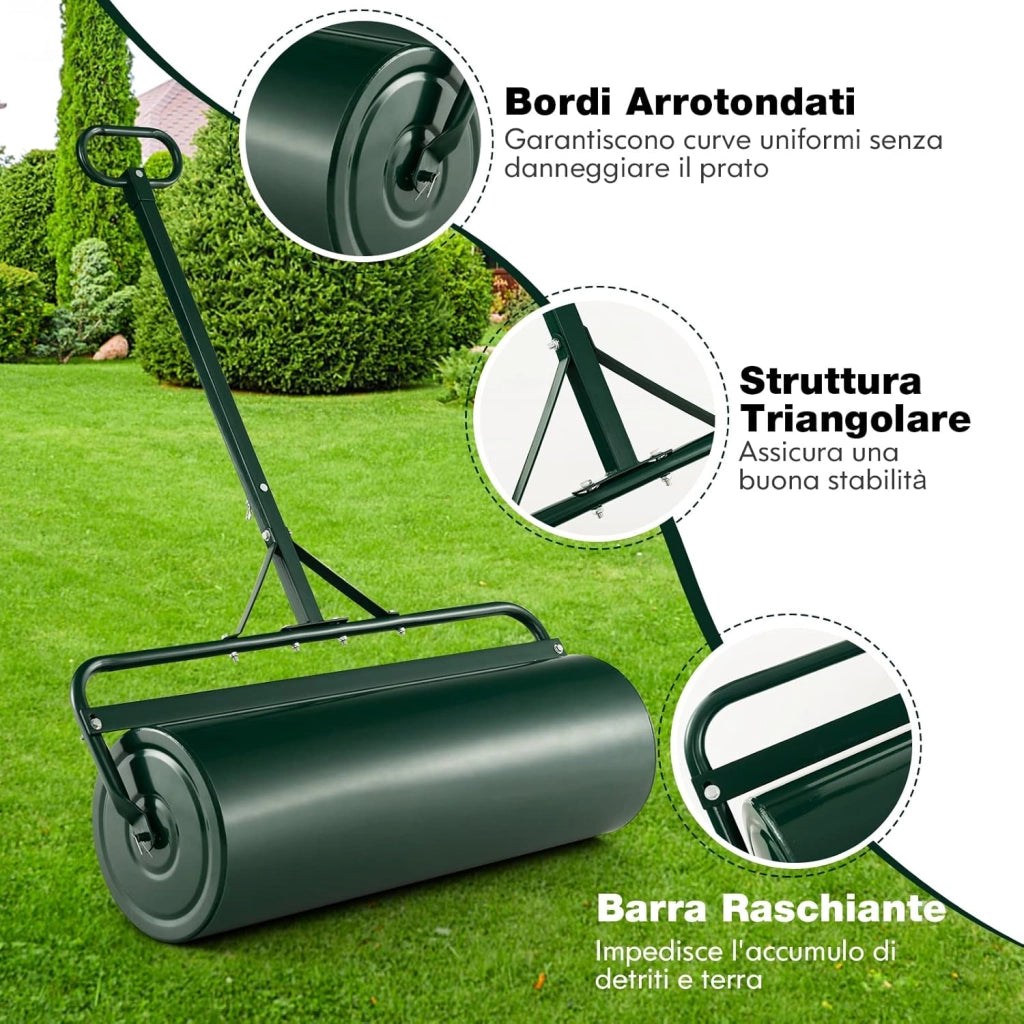 Rullo per Prato in Metallo 63 L, Rullo da Giardino 90 cm Riempibile con Acqua/Sabbia, con Gancio e Impugnatura Staccabile 137 cm, Ideale per Giardino, Prato, Parco e Fattoria (Verde)