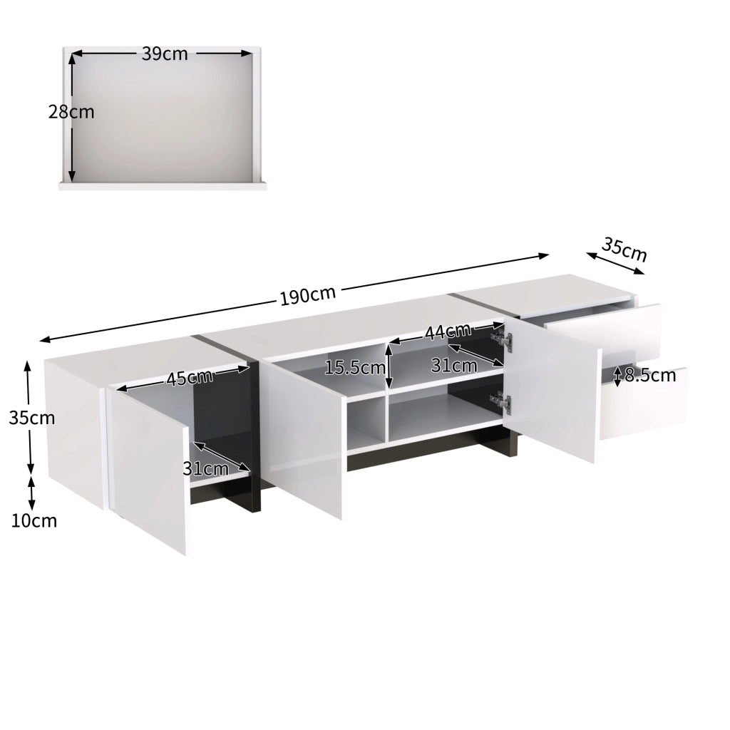Mobile TV con 3 Ante e 2 Cassetti; Bianco Lucido con Piedini Neri; Soggiorno; 190??35??45 cm; Pannello Truciolare