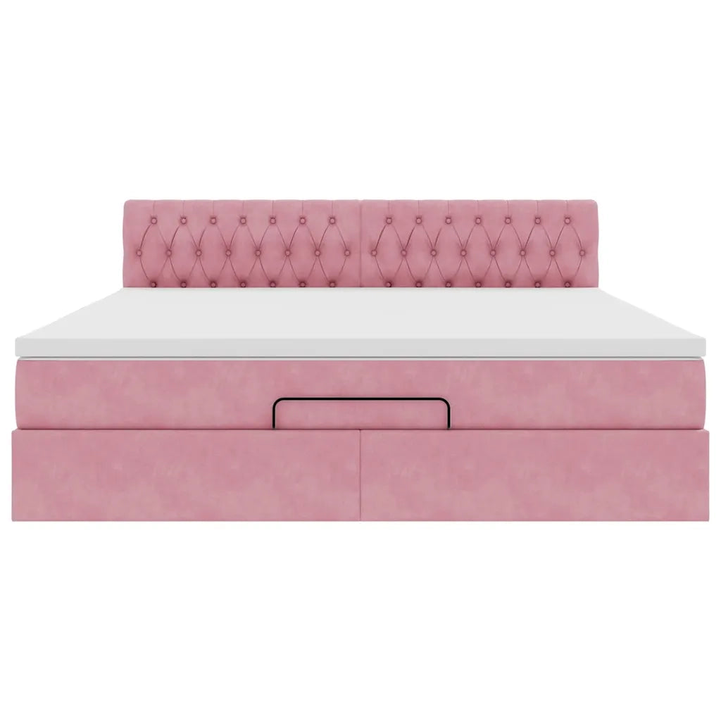 Struttura Letto Pouf con Materasso Rosa 160x200 cm in Velluto