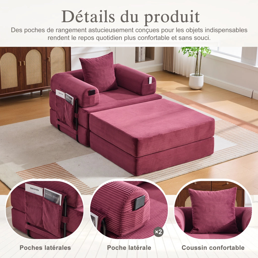 Divano modulare in velluto a coste con cuscino e tasca laterale ergonomico, rosso vino 112 × 190 × 67 cm