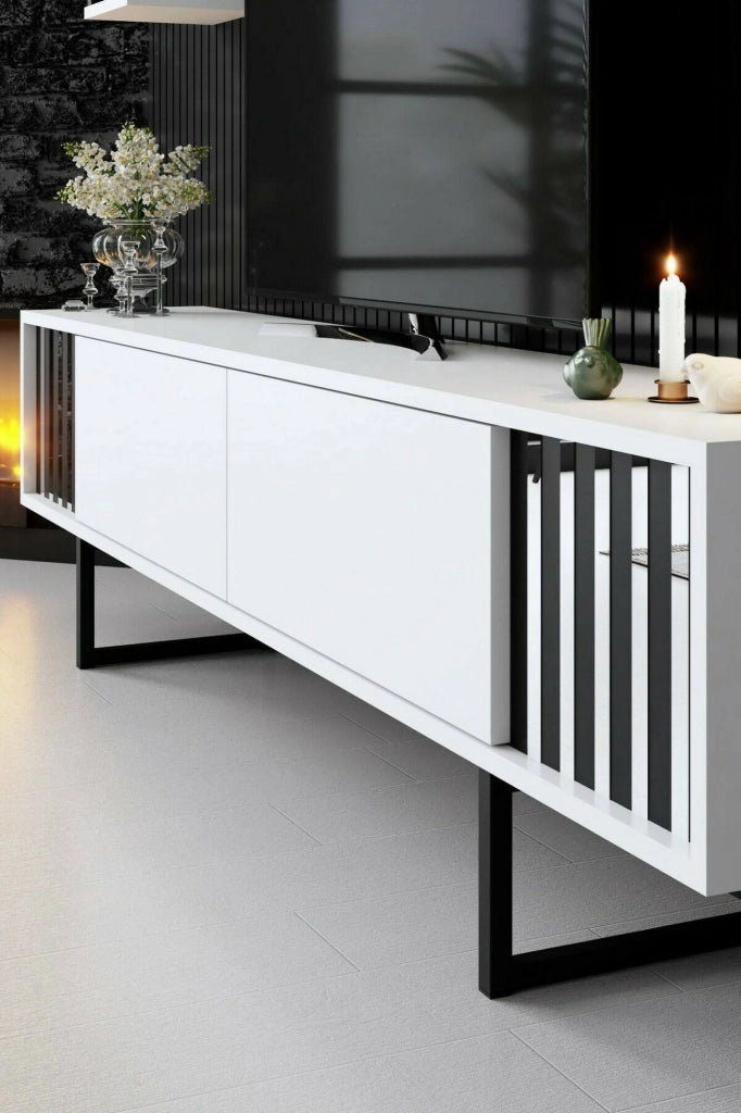Mobile porta TV Iva, Credenza da soggiorno, Armadio basso per TV, Base parete attrezzata, 180x30h48 cm, Bianco e Nero