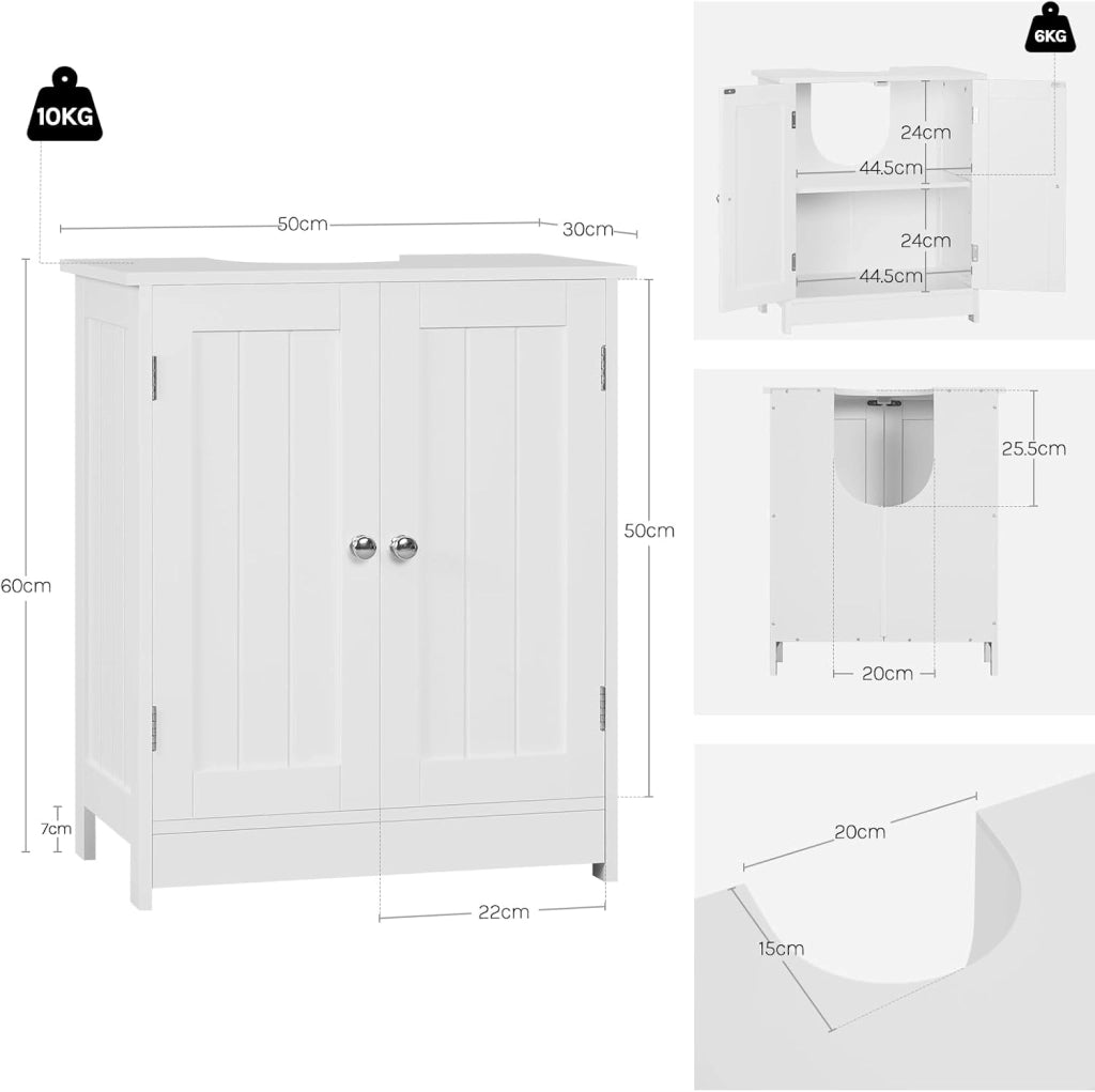Mobile da Bagno Sottolavello, Mobiletto da Bagno Bianco, Mobile Sotto Lavabo, con Ripiano Regolabile, 50x60x30 cm