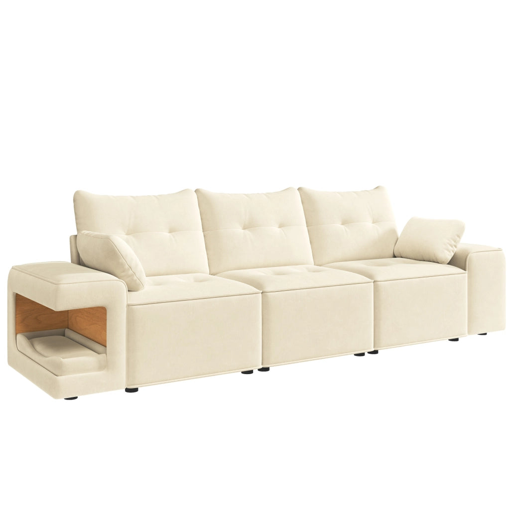 Divano modulare 3 posti in velluto beige con vani per animali