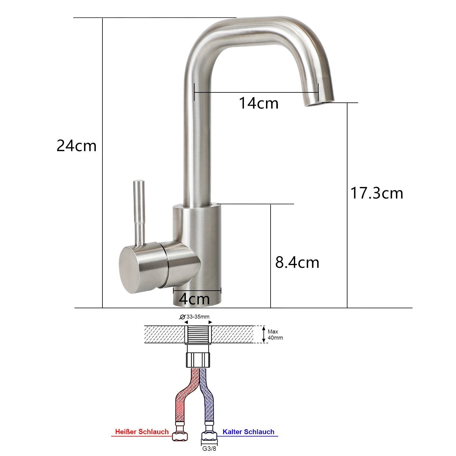 ZMH Rubinetto da Lavabo Acciaio Inossidabile Giro 360° Acqua Calda Fredda Alta Pressione Silenzioso