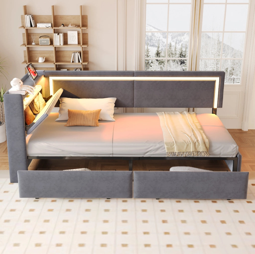 Divano Letto Imbottito 90x200 cm con LED, USB, Testiera Contenitore e Cassetti, Velluto Grigio Scuro