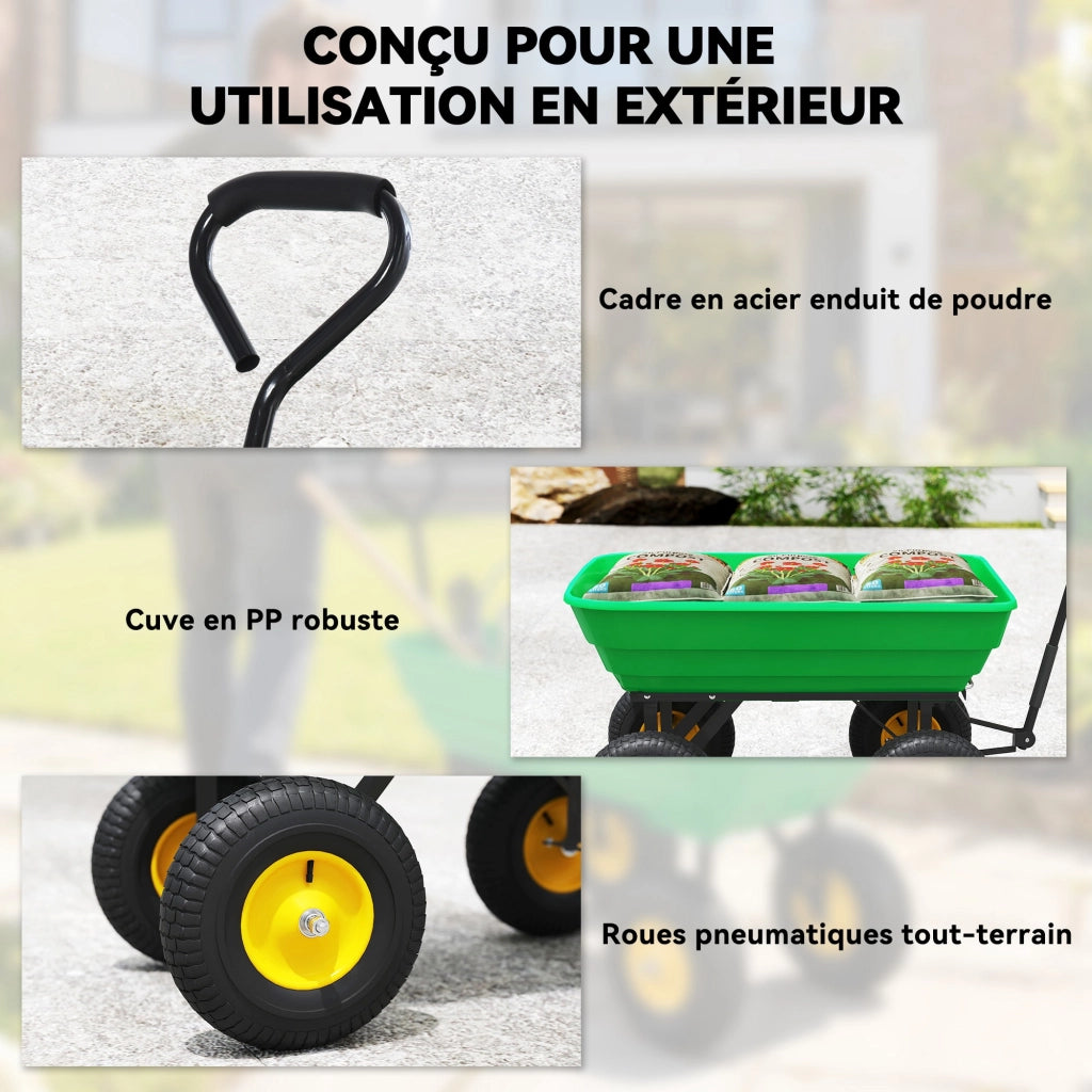 Carrello da Giardino 4 Ruote ¨C zephmum ¨C Giallo Verde 75L 200kg