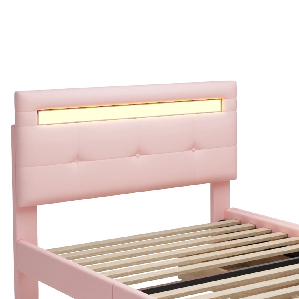 Letto singolo 90×200 cm con 2 cassetti; LED; testiera regolabile; senza materasso; legno; rosa