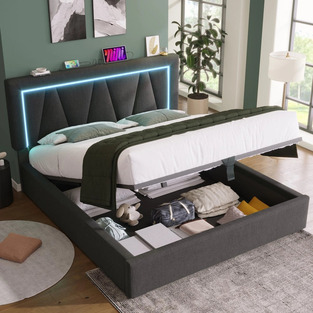 Letto Imbottito Contenitore LED con USB ¨C Xylo ¨C Tessuto Lino 160x200 con Materasso