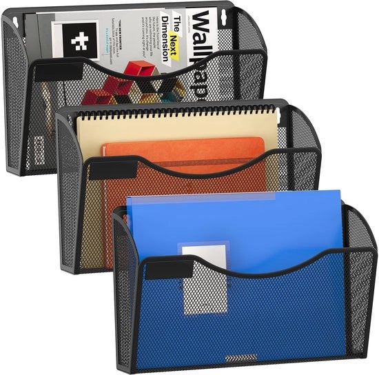 Organizzatore di archiviazione per la parete A4 a 3 cassetti, con ripiani per riviste, nero, modello per posta e oggetti da casa.