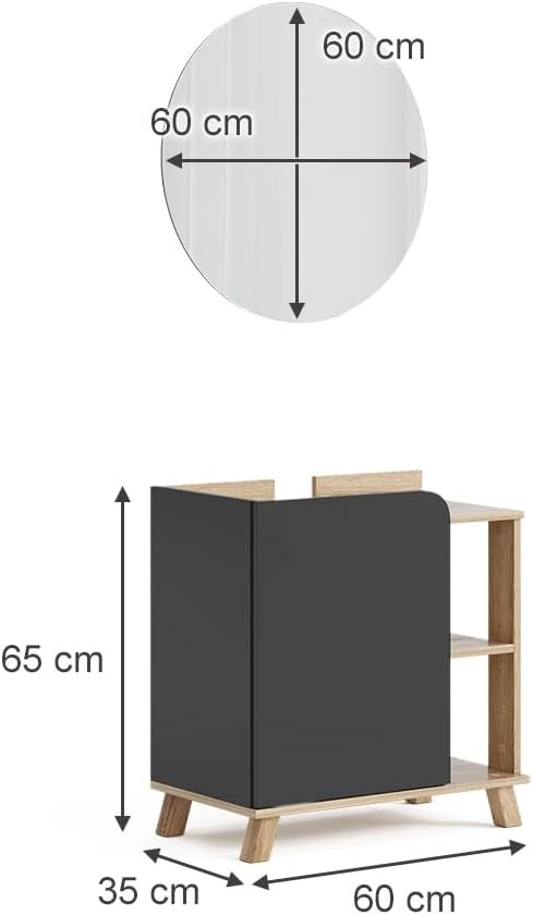 Set di mobili da bagno Karen, Sonoma/antracite, 60 cm, composto da specchio da bagno e mobile sottolavabo