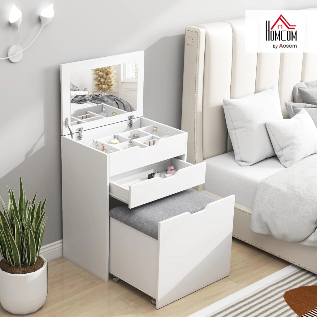 HOMCOM Toeletta da Camera con Specchiera e Sgabello Abbinato, Postazione Trucco con Vano Nascosto e Cassetto in Legno, Bianco
