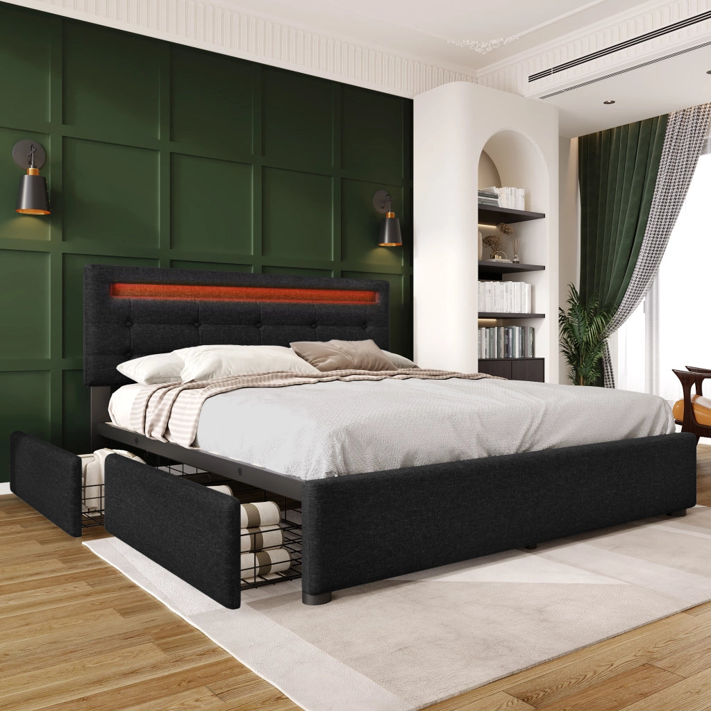 LETTO Contenitore 140x200 cm con LED, 4 cassetti e materasso incluso
