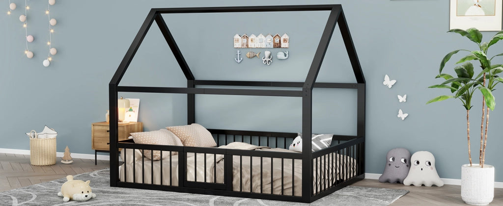 DESMIU Letto per bambini 2 posti con sponde e tetto, 140 × 200 cm, senza materasso, in metallo, nero