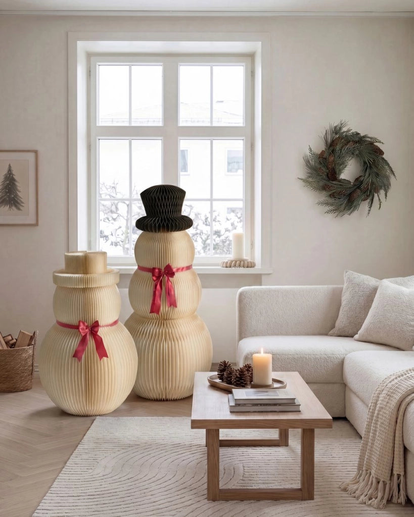 Set di 2 statuine natalizie Pupazzo di neve Beige Carta a nido d'ape Effetto 3D Stile Origami Motivo festivo
