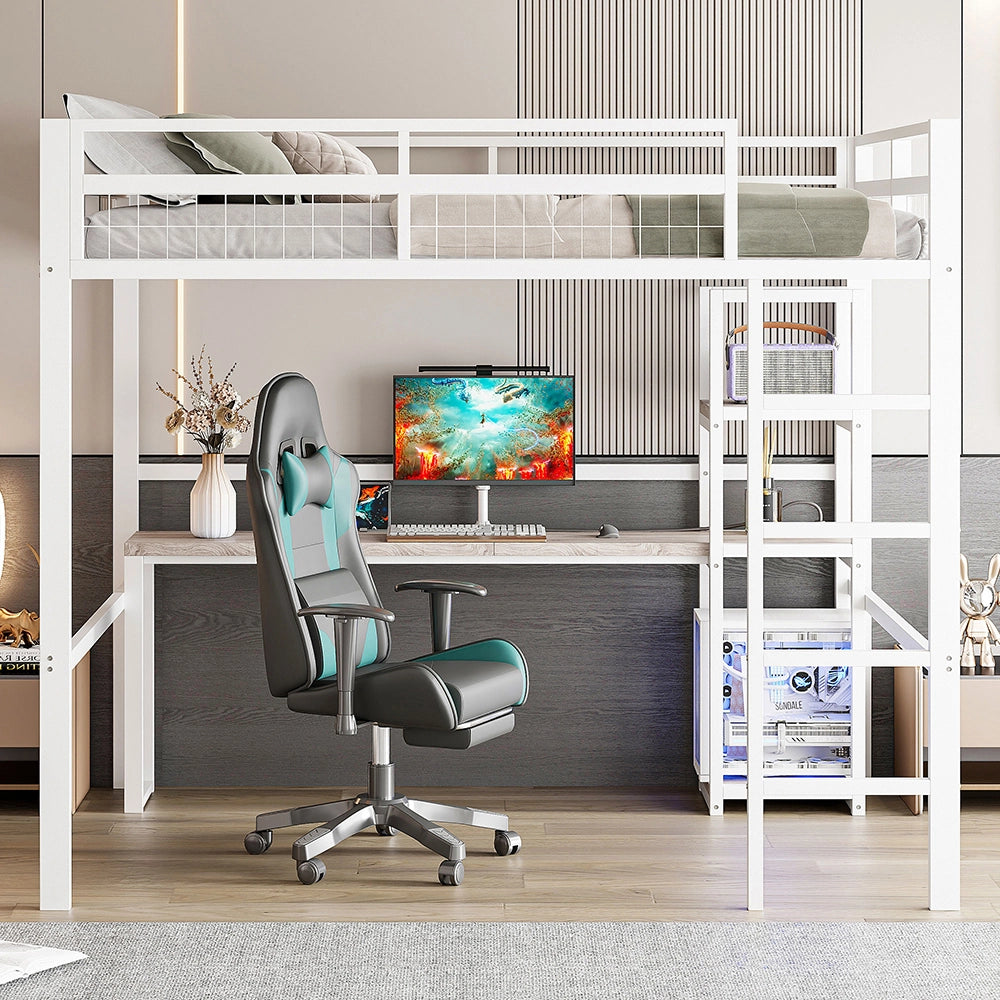 Letto mezzanino 140x200cm - Xylo - bianco, scrivania USB-C, LED, EN747