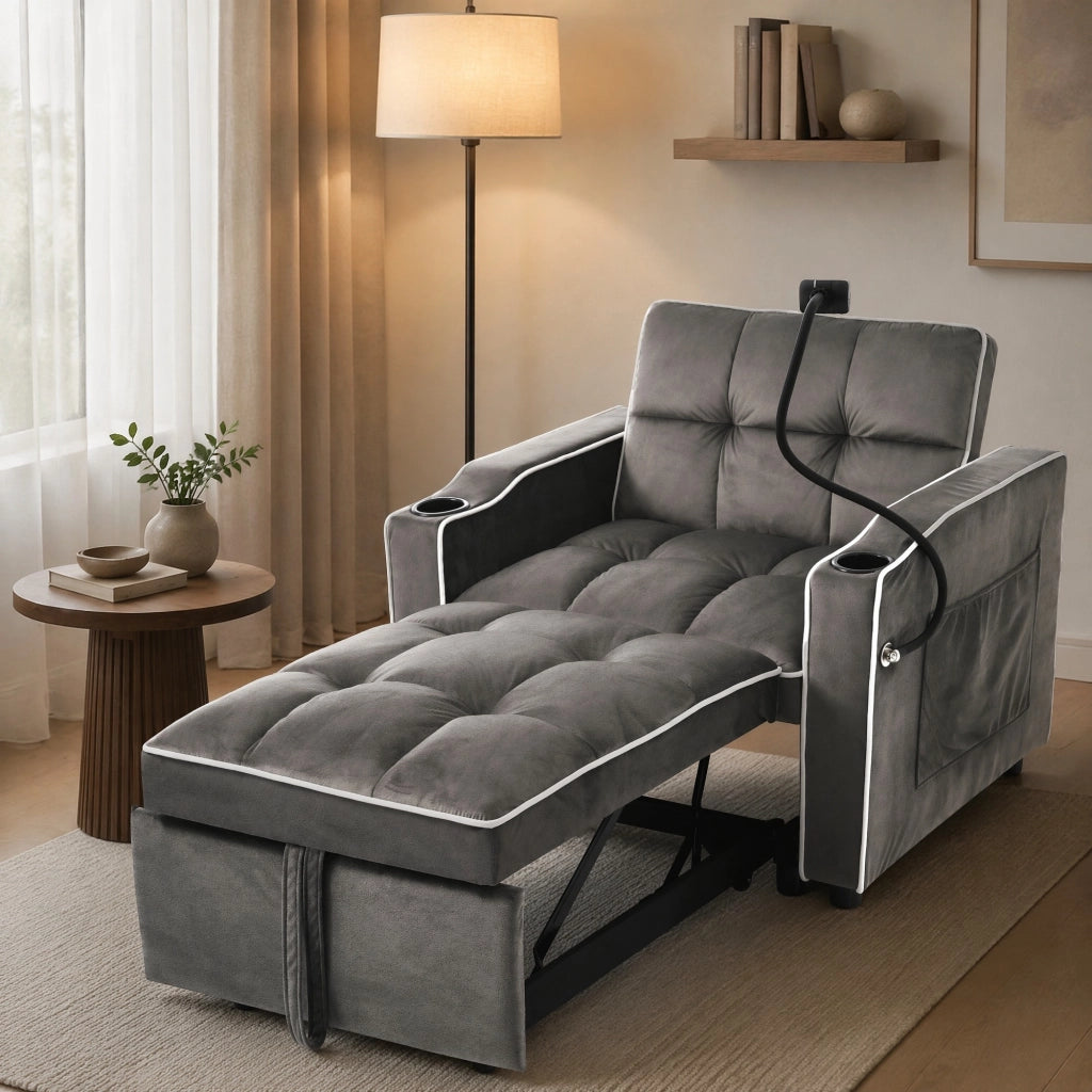 Divano letto singolo estraibile 3 in 1 con portabicchieri e supporto telefono, grigio scuro