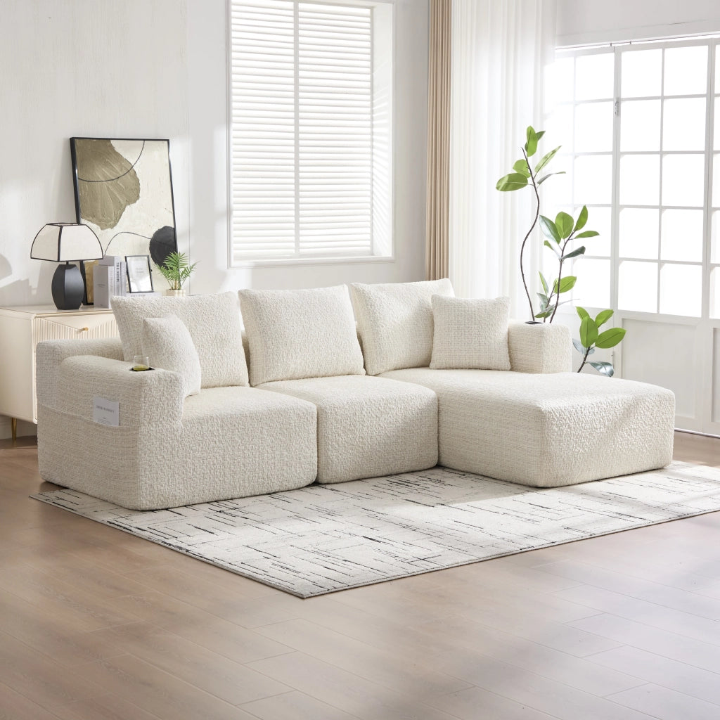 Divano angolare modulare in ciniglia con tasche laterali e seduta ampia, senza montaggio, beige 261 × 165 × 80 cm