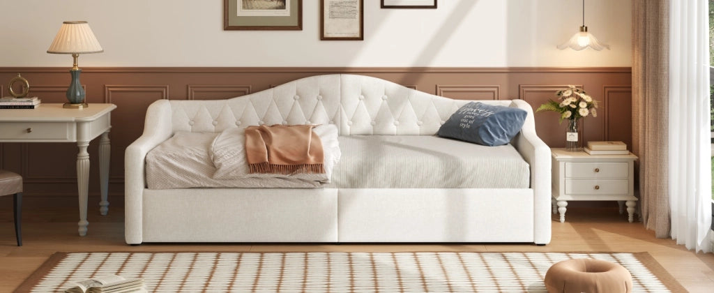 Divano letto 90x200 in lino beige con contenitore e luci LED