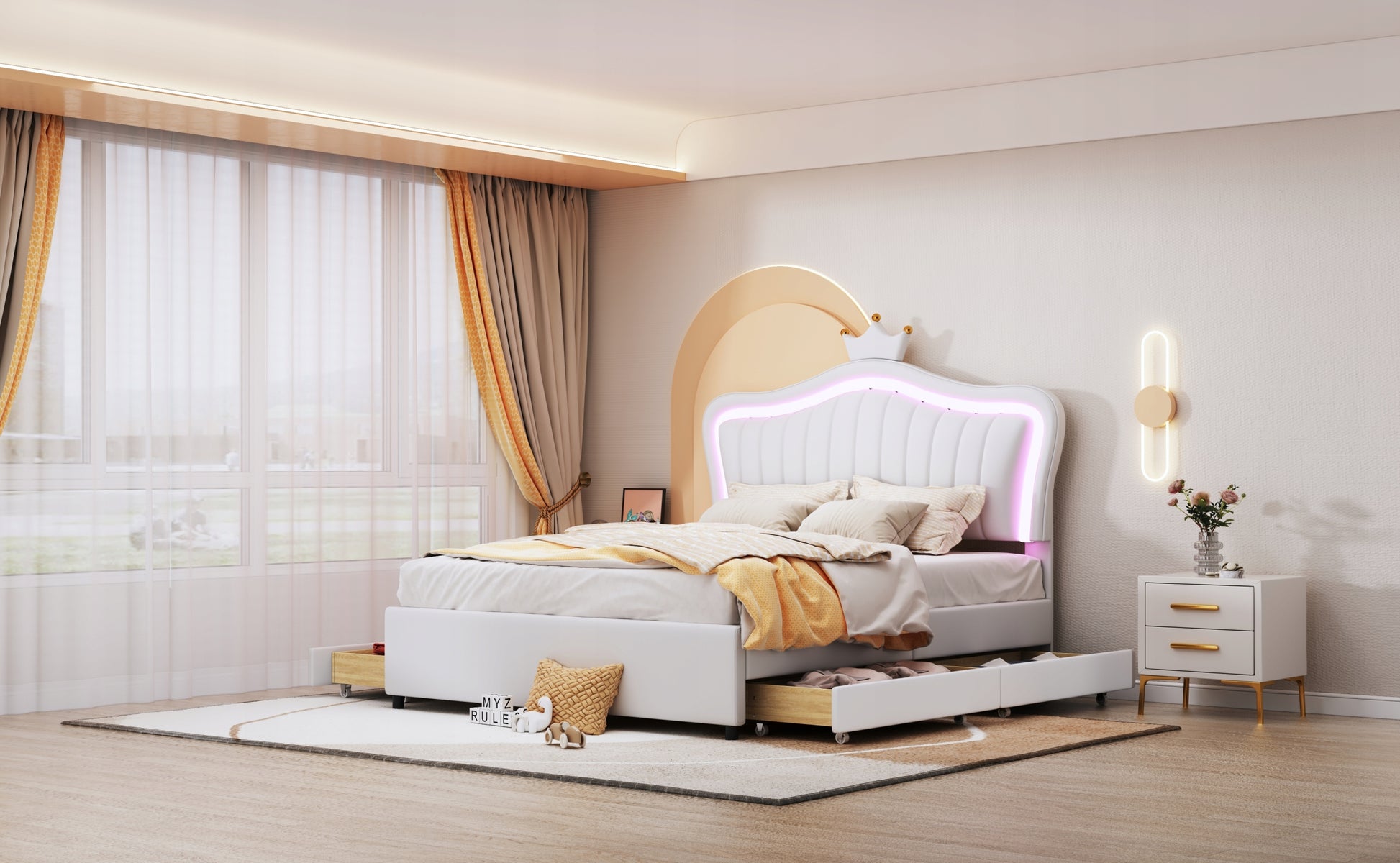 Letto per bambini con LED e cassetti - Xylo - 140x200 - Bianco