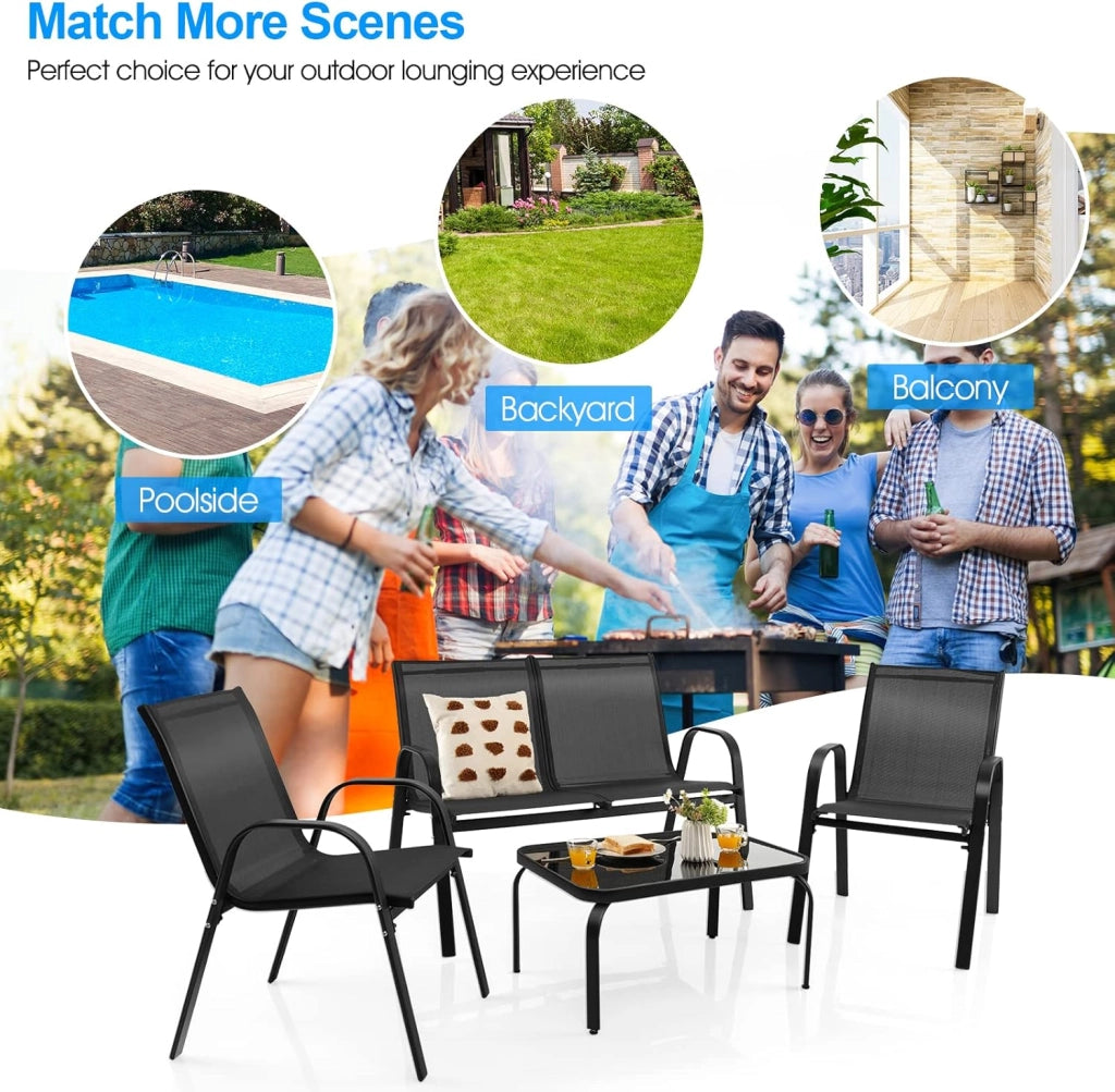 Set Mobili da Giardino da 1 Tavolino in Vetro Temperato 2 Poltrone e 1 Divano a 2 Posti, Moderno Set di Mobili da Giardino per Balcone, Cortile, Piscina, Grigio