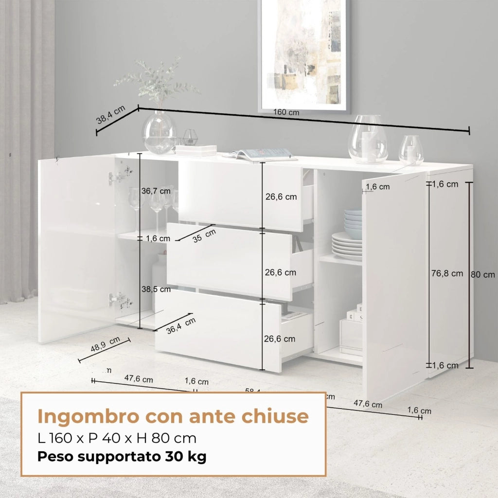 WHOUS Credenza Egypt a 2 ante e 3 cassetti bianco lucido 160x40x80 cm