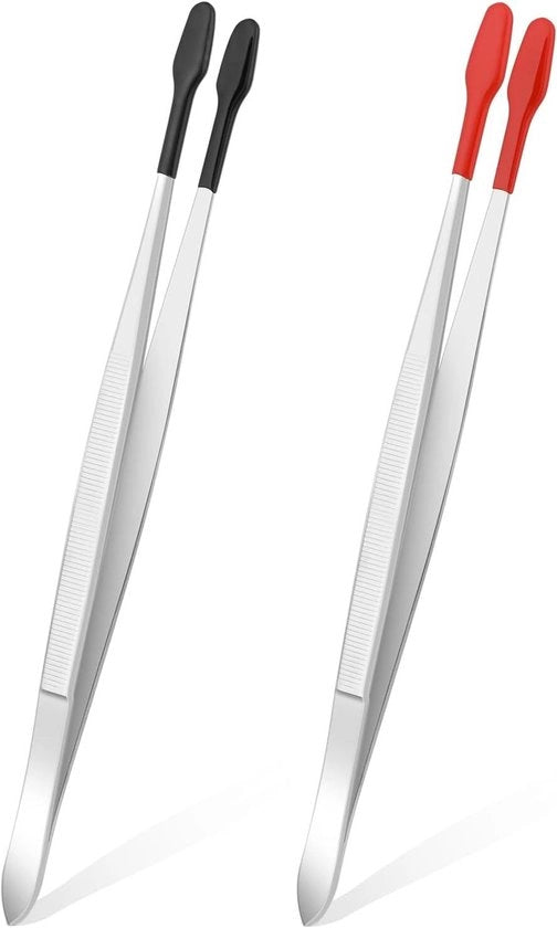 Set di 2 pinze con punta piatta, punte in gomma e manico antiscivolo - Acciaio inossidabile - Per laboratorio, gioielleria, francobolli e monete.