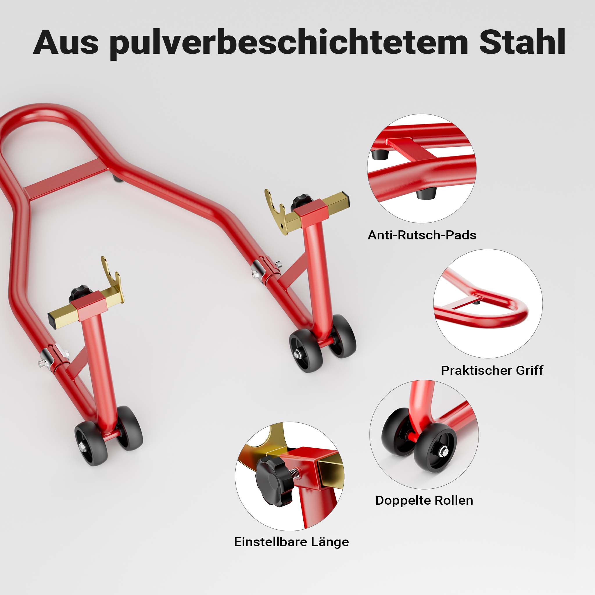 Cavalletto alzamoto posteriore sotto forcella, max 450 kg, con rotelle, per ruote posteriori