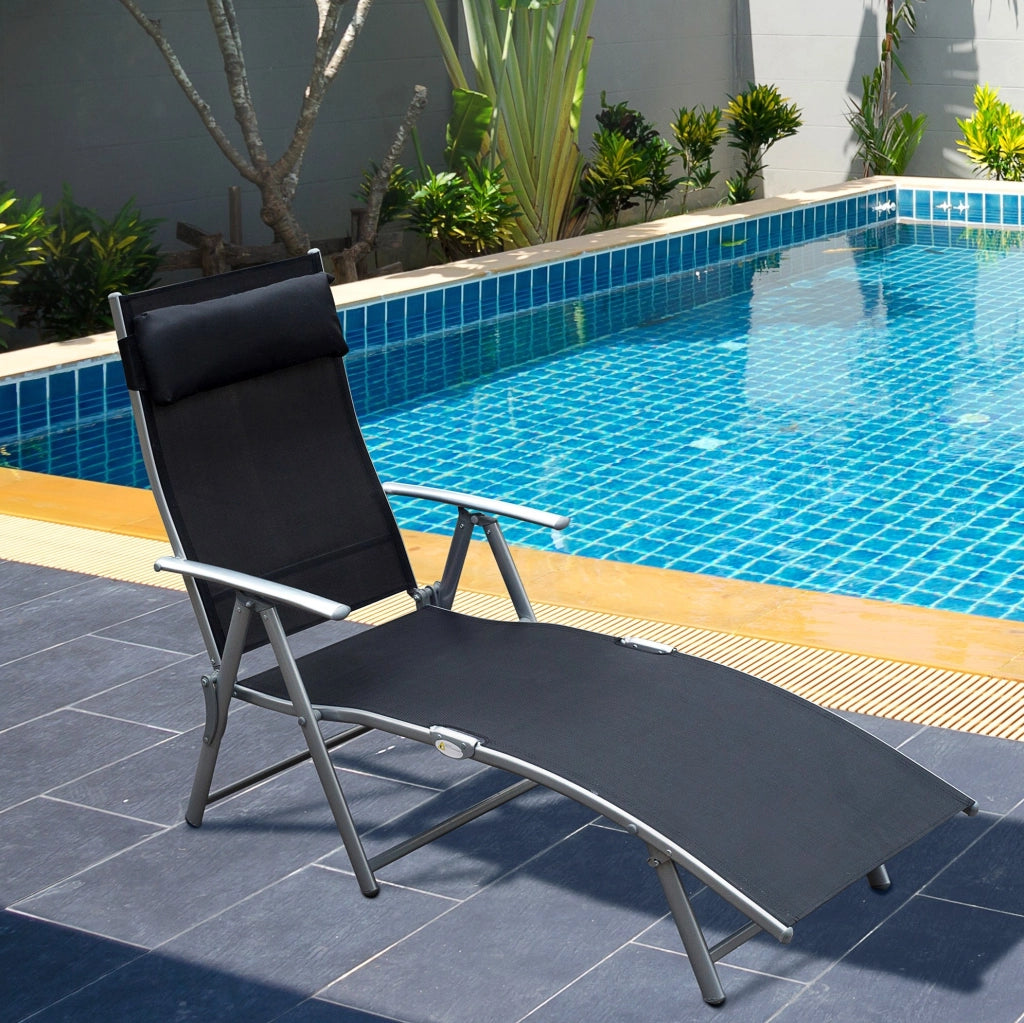 Sdraio pieghevole da giardino con cuscino 137x63,5x100,5 cm in metallo e tessuto nero per terrazza e spiaggia