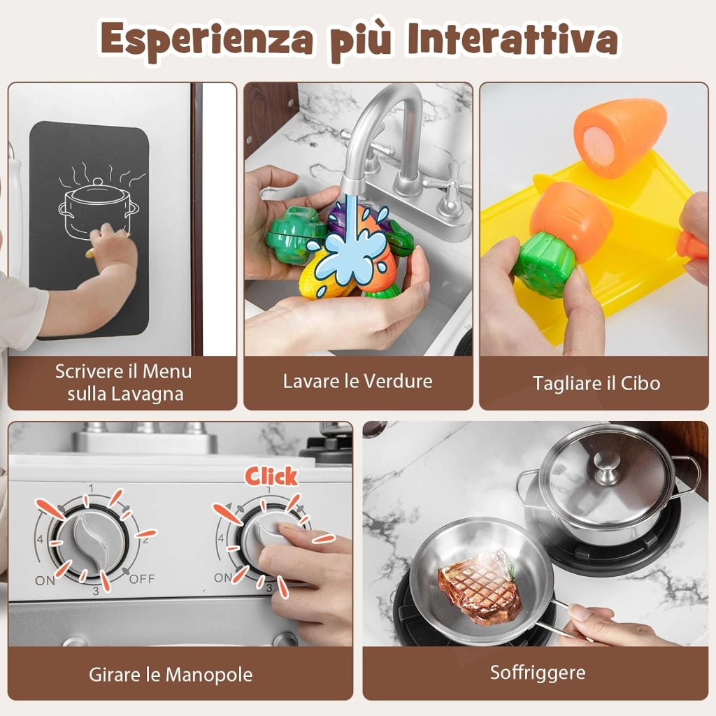 Cucina Giocattolo per Bambini, Cucina Legno per Bambini con Frigorifero, Macchina del Ghiaccio, Forno, Microonde, Lavello e Rubinetto, Funzione Luci e Suoni, per Bambini 3 Anni+
