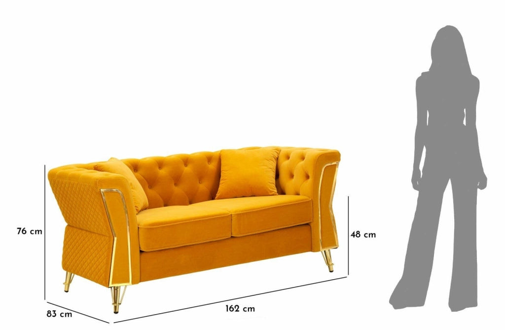 Divano fisso 2 posti Casio, Sofà dritto, Divanetto per salotto, Poltrona matrimoniale, 162x83 h76 cm, Ocra e Oro