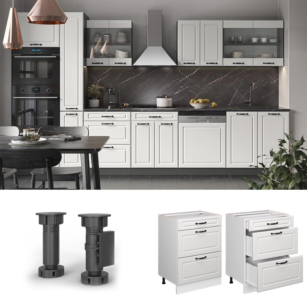 Mobiletto base per cucina R-Line, Bianco casa di campagna, 60 cm con cassetti, senza piano di lavoro, per la libera combinazione all'interno di sistemi cucina modulari