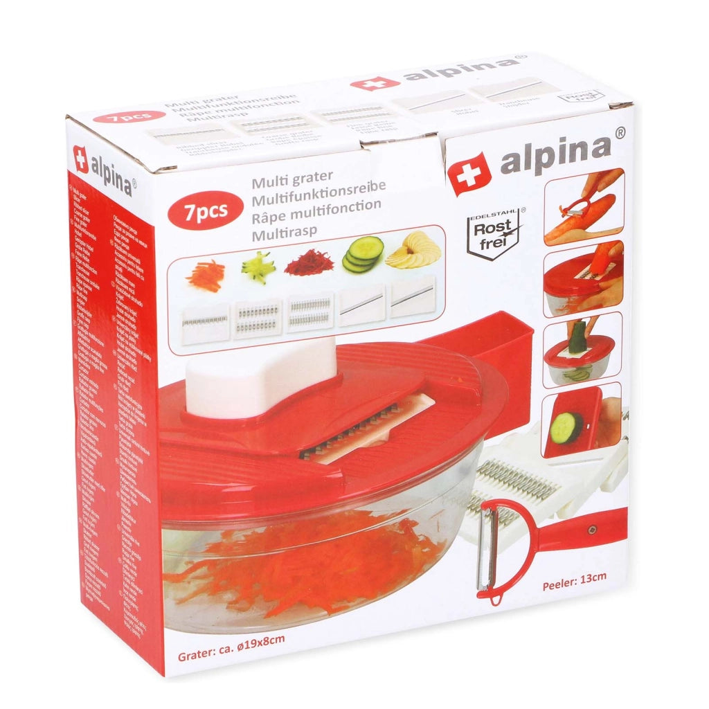 Grattugia 7 in 1 con Contenitore Pelapatate Multifunzione 6 Lame Affilate Rosso Alpina