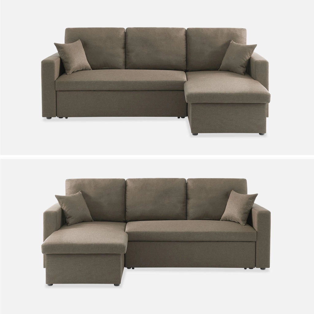 Divano letto angolare reversibile con contenitore, 3 posti, marrone