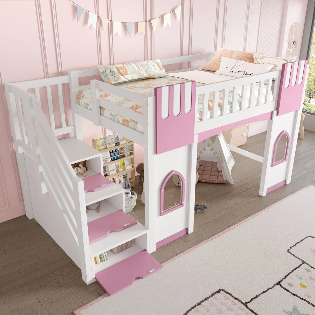 Letto a soppalco ULEVR 90x200 cm con scala contenitore a 3 vani e 2 finestre, bianco e rosa