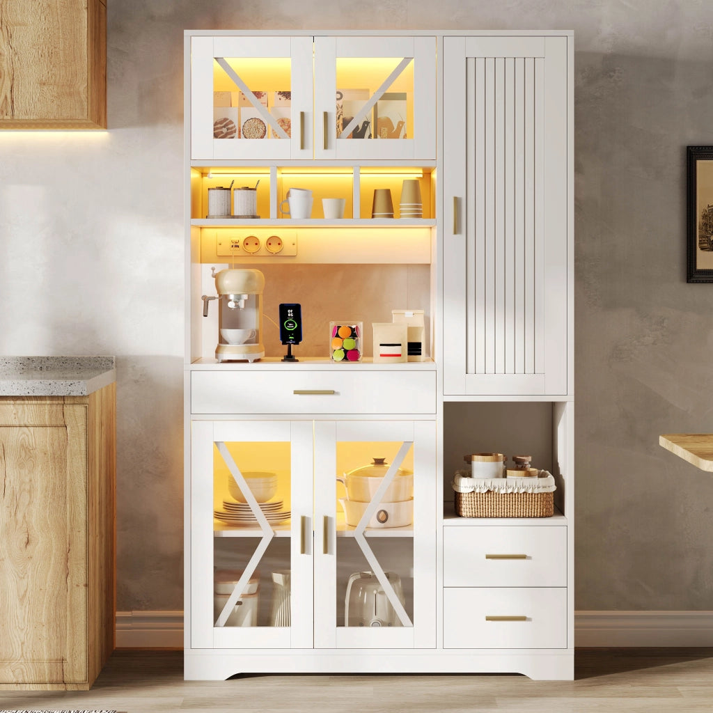 Credenza con LED a colori e prese, ante in vetro e ripiani regolabili, per cucina e soggiorno, bianca 185 × 105 × 40 cm