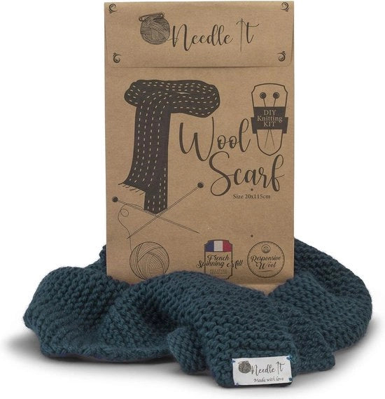 Kit di iniziazione per la tessitura completa con lana e aghi - per creare la propria sciarpa - idea regalo (verde scuro)