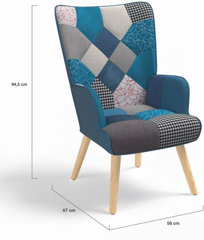 IVAR Poltrona scandinava con poggiapiedi in tessuto patchwork e velluto blu