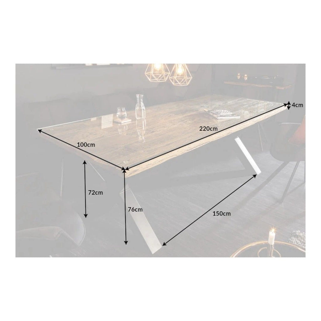 Tavolo da pranzo RAFTA 220 cm – Piano in legno massello di teak e vetro temperato – Gambe a X in metallo nero