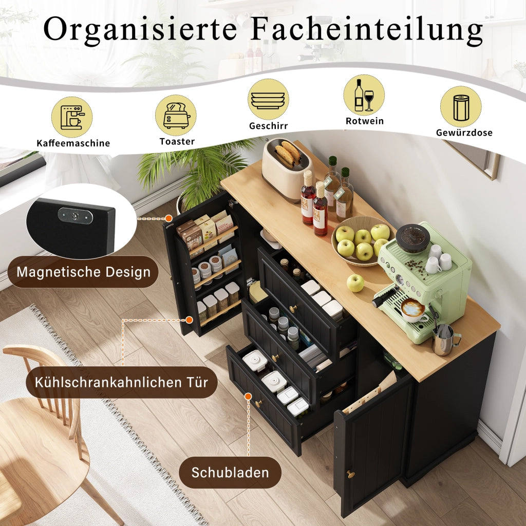 Credenza e madia moderna con 3 cassetti e ante, per soggiorno e sala da pranzo, in MDF, nero, 126 × 40 × 86 cm