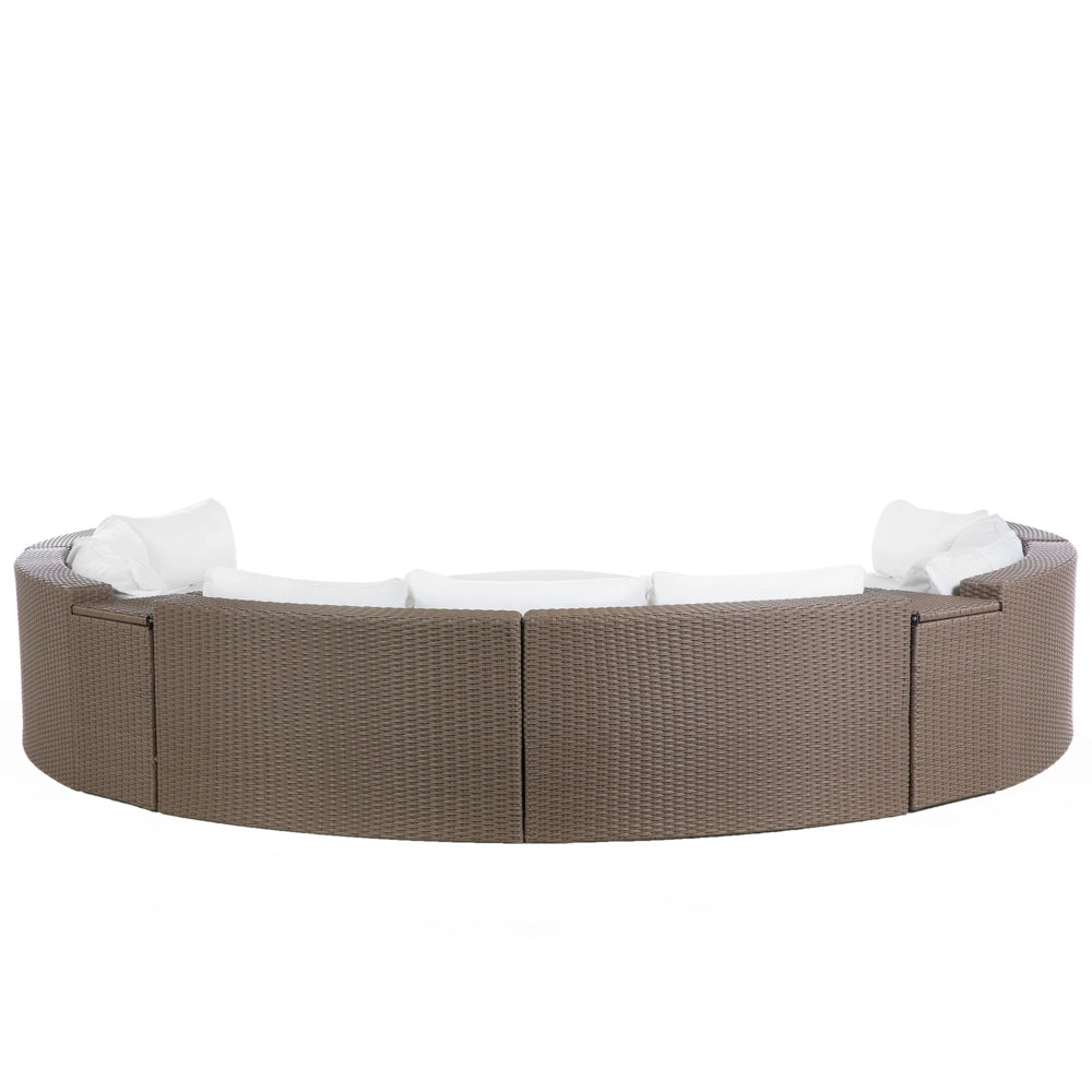Set divano ad angolo da giardino marrone finto rattan a forma di U 9 posti cuscini bianchi curvi con tavolo set di conversazione